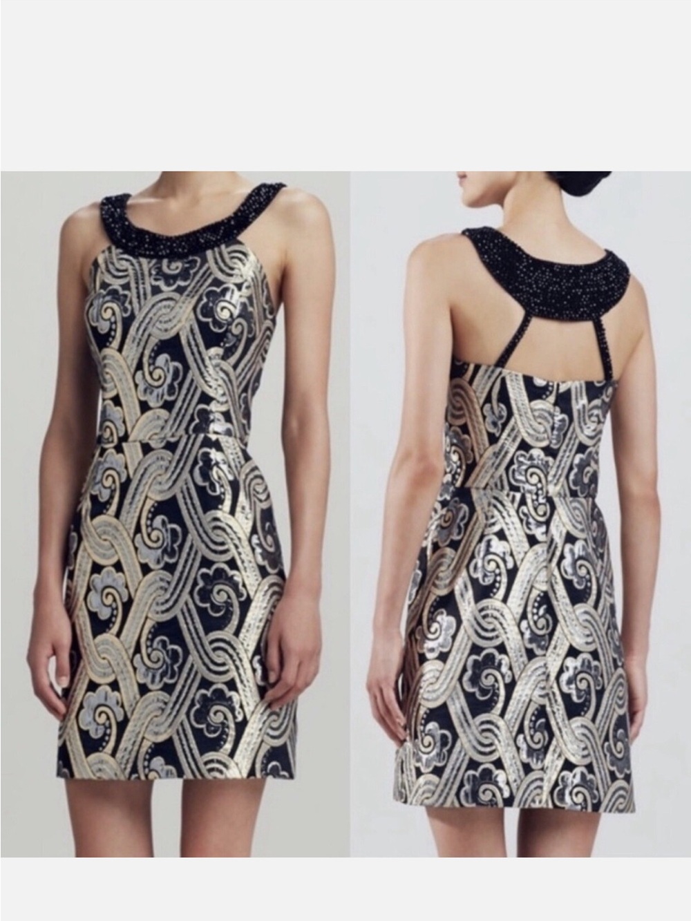 Lilly Pulitzer Sydney Metallic Brocade Black and Gold Beaded Yoke Mini Dress